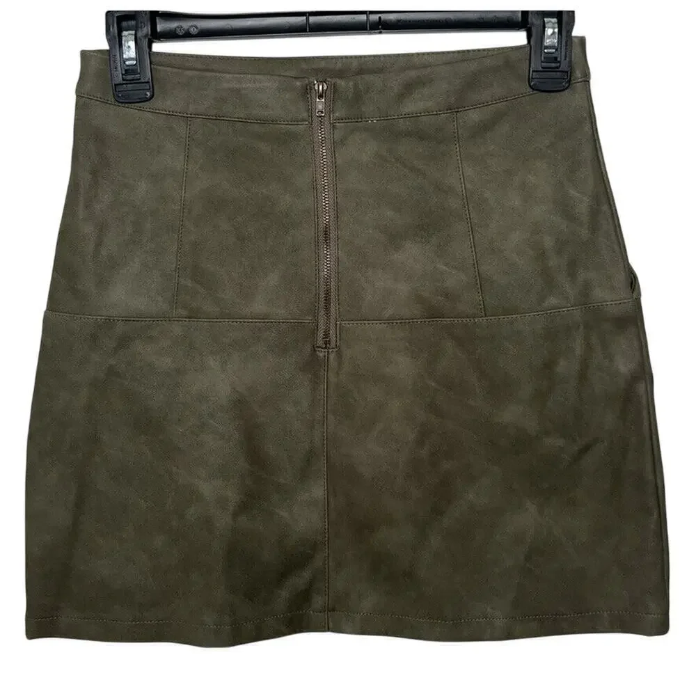 Shinestar Mini Skirt, Women's S OliveGreen Faux Leather Pockets 55%Viscose Lined